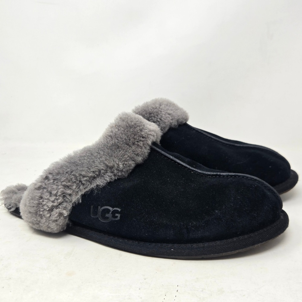 UGG Scuffette II Black Suede Grey Sheepskin Slippers 1106872 Womens 10